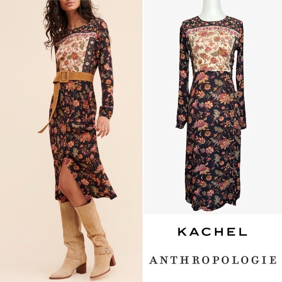Anthropologie Dresses & Skirts - Anthropologie x Kachel Mixed Floral Print Long-Sleeve Midi Dress Black Sz 2 EUC